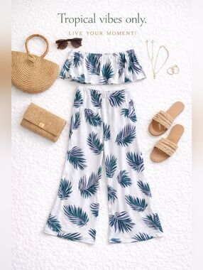 Vacation Ready Moment - Off-Shoulder Jumpsuit with Tropical Leaf Print- Sz LG